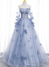 Blue Tulle Long Sleeve Flower Prom Dress